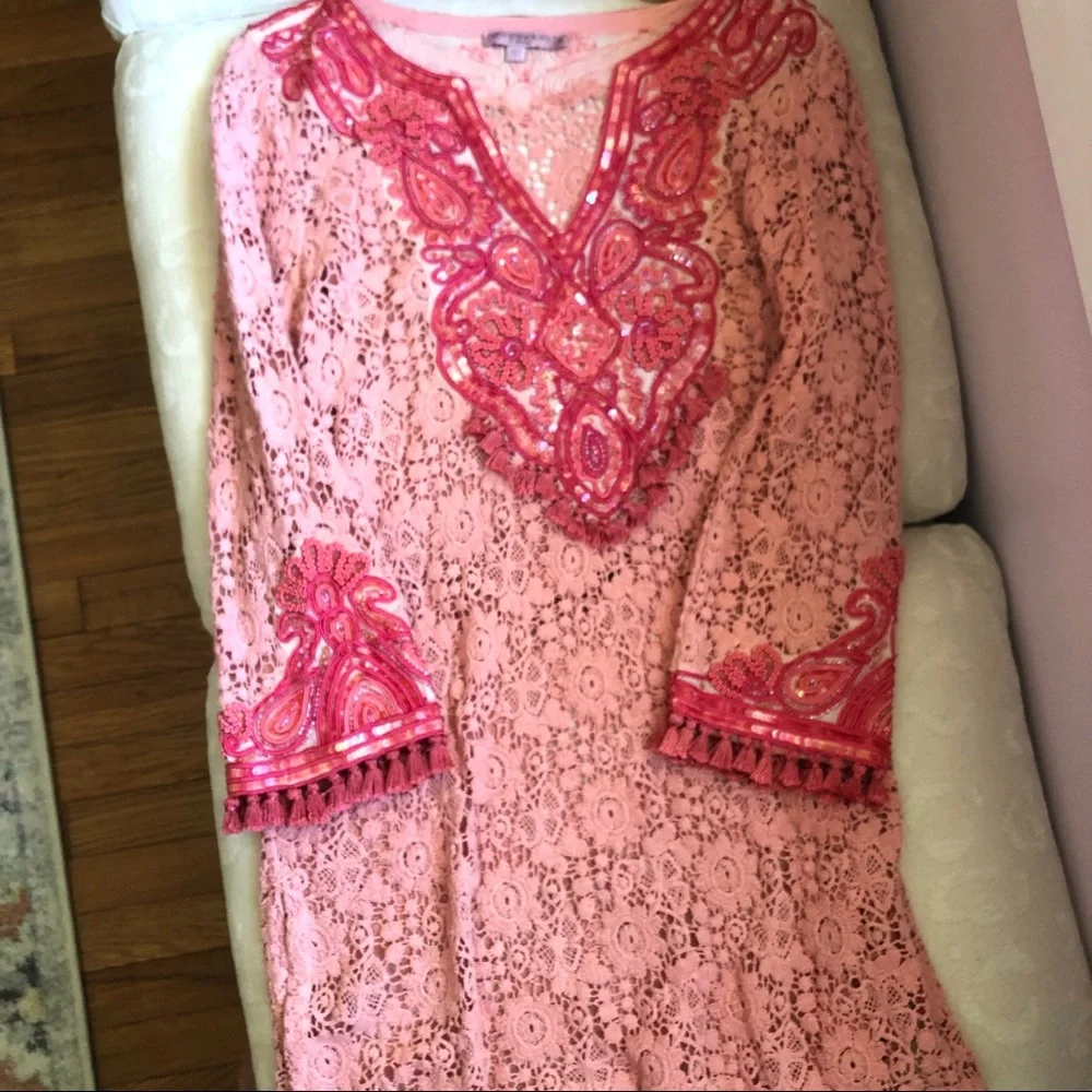Calypso St. Barth’s tunic dress, peach/coral embroidered sequin & tassels S